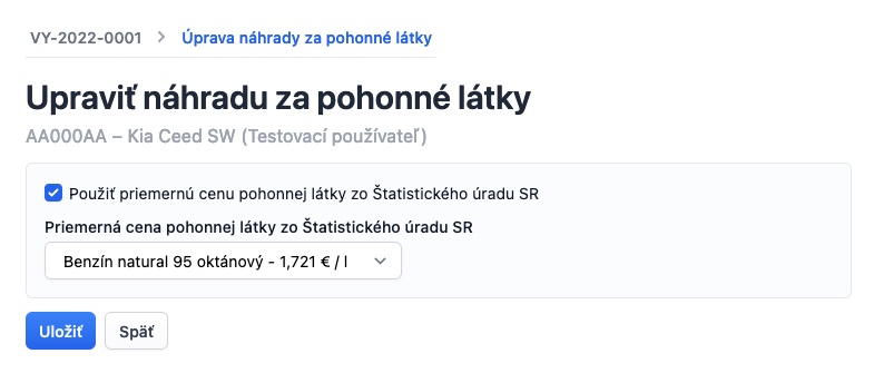 Formulár úpravy náhrady za pohonné látky