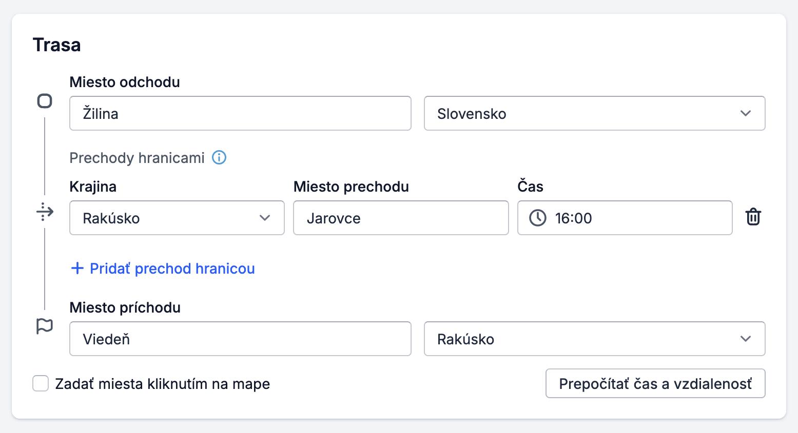 Trasa s hraničnými prechodmi